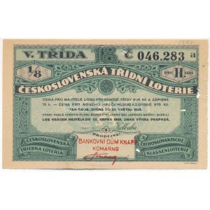 Csehszlovákia 1928. 18. Csehszlovák Osztálysorsjáték ötödik osztály 1/8-ad sorsjegye, BANKOVNI DUM KNAPP KOMÁRNO...