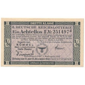 Német Harmadik Birodalom 1941. 6. Német Birodalmi Sorsjáték 3. osztályú, 1/8-ad sorsjegye T...