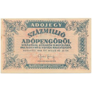 1946. 100.000.000AP vastagabb fehér papír T:AU,XF hajtatlan de sarokhajlások és fo. Adamo P55
