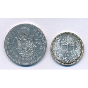 1891KB 1Ft Ag Ferenc József / Barokk címer + 1915KB 1K Ag Ferenc József T:VF,AU Adamo M15, K5...