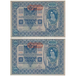 Ausztria 1919. (1902) 1000K (2x) 2. kiadás, sorszámkövetők 2561 66981 - 2561 66982 vízszintes DEUTSCHÖSTERREICH...