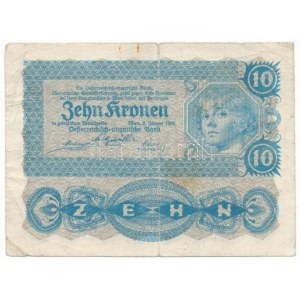 Ausztria 1922. 10K kék színárnyalattal (nyomdafesték hiánya?) T:F,VG beszakadások Austria 1922. 10 Kronen blue color ...