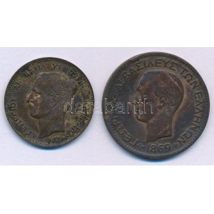 Görögország 1869B 10l bronz I. György + 1882A 5l bronz I. György T:XF-VF, patina Greece 1869B 10 Lepta bronze ...