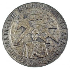 NDK 1958. I. Baráti Hadseregek Szpartakiádja kétoldalas, ezüstözött bronz emlékérem (55mm) T:XF patina GDR 1958. I...
