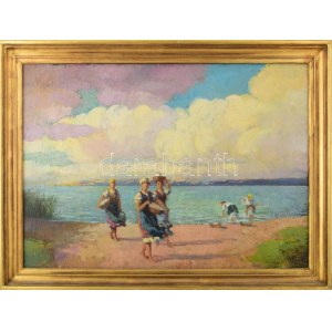 Ott Zoltán (1881-?): Nagymosás a Balaton partján. Olaj, vászon. Jelezve jobbra lent. 50x70 cm. Dekoratív fakeretben. ...