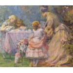 Gergely Imre (1868-1957): Társaság. Olaj, vászon. Jelezve jobbra lent. Dekoratív, kissé sérült fakeretben...