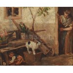 Vajda Zsigmond (1860-1931): Kisgyerek és cica az udvaron. Olaj, fatábla, jelzett. Dekoratív, kissé sérült fakeretben...