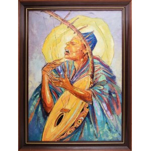 Frederick Omoyama Odorige (1967-), nigériai festő: Tatafo (zenélő sámán). Olaj, vászon, jelezve jobbra lent. Kiállítva...