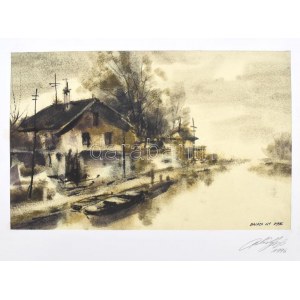 Balázs György (1927-2015): Vízpart, 1996. Akvarell, papír, jelzett, paszpartuban. 19x29,5 cm