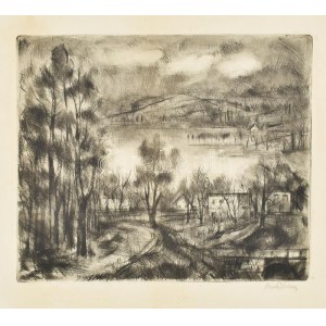 Bordás Ferenc (1911-1982): Táj. Rézkarc, papír, jelzett. Lap széle foltos. 24,5x29 cm