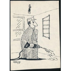 Csehi János (1952-1998): Vízipisztoly (karikatúra). Tus, papír, jelzett. 15×11 cm.