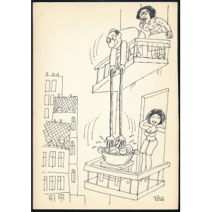 Földes Vilmos (1942-): Szomszédok (karikatúra, cím nélkül). Tus, papír, jelzett. 21,5×15 cm.