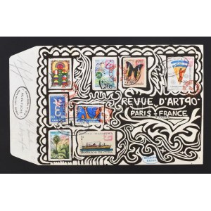 Hilda Fuchs (-): Revue d'art 90, Paris France (mail art mű). Fametszet, bélyeg, kollázs, papír...