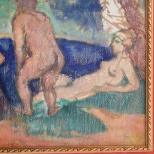 Hermann Lipót (1884-1972): Fürdőzők. Olaj, vászon. Jelezve jobbra lent. Üvegezett, dekoratív fakeretben. 33x54 cm ...