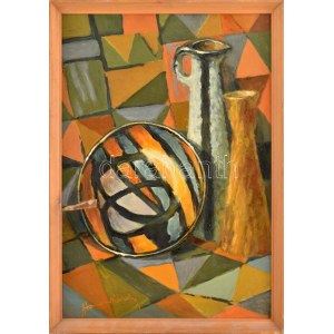 Homan Károly (1894 - 1972): Absztrakt retró kerámia csendélet. Olaj, karton, jelzett, sérült!!...