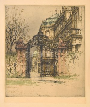 Luigi Kasimir (1881-1962): Belvedere Kastély, Bécs, 1923. Színes rézkarc, papír. Jelzett. 36×30 cm...