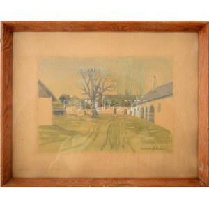 Mihály István (1886-1970): Udvar. Akvarell, papír, jelzett. üvegezett fakeretben, 22,5x31,5 cm