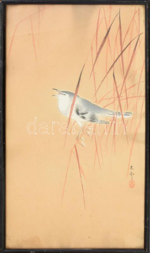 Ohara Koson (1877-1945), japán művész: Madárka. Akvarell, papír. jelzett. Üvegezett fakeretben...
