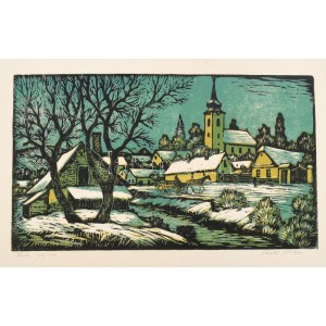 Réti Mátyás (1922-2002) : Falu. Színes linómetszet, papír, jelzett és számozott (64/100), 24×41...
