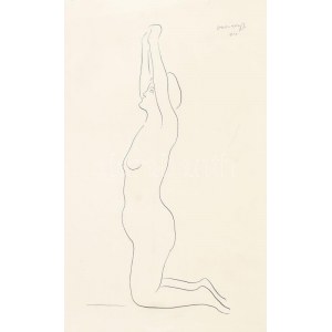 Vaszary János (1867-1939): Nyújtózkodó női akt. Nyomat, papír, jelzett a nyomaton. Hajtásnyomokkal...