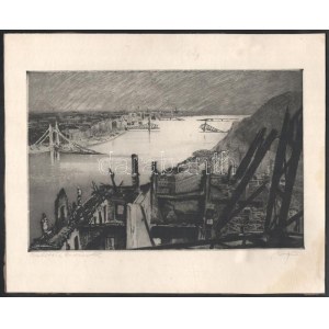 Olvashatatlan jelzéssel: A romos Budapest látképe a felrobbantott hidakkal, 1945 körül. Rézkarc, papír...