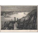 Olvashatatlan jelzéssel: A romos Budapest látképe a felrobbantott hidakkal, 1945 körül. Rézkarc, papír...
