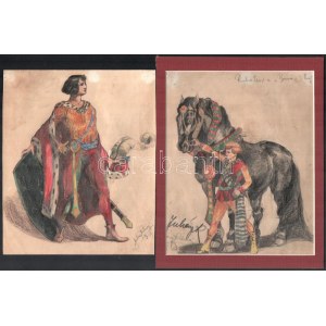 Juhász (?) jelzéssel: 2 db jelmezterv. Vegyes technika, papír, egyik datált (919). 22x18 cm