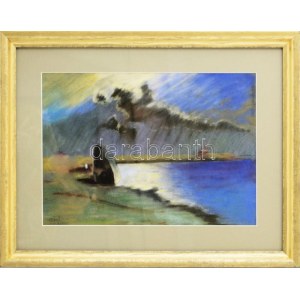 Aiglon jelzéssel: Vízparti fények. Pasztell, papír. Üvegezett, dekoratív fakeretben, 23×33 cm