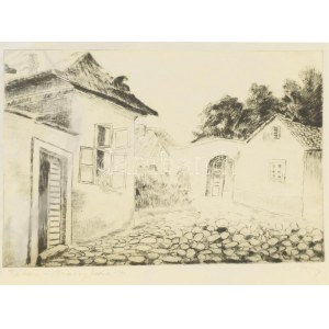 Váry jelzéssel: Tabán, Aranykacsa utca. Rézkarc, papír, 18x25 cm