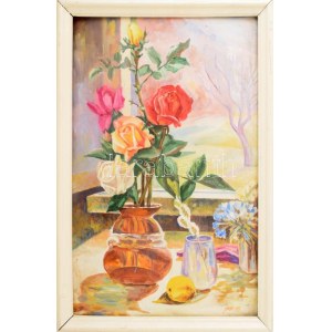 Olvashatatlan jelzéssel: Csendélet rózsákkal és citrommal. Olaj, farost, fakeretben. 61x37,5 cm
