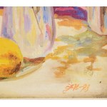 Olvashatatlan jelzéssel: Csendélet rózsákkal és citrommal. Olaj, farost, fakeretben. 61x37,5 cm