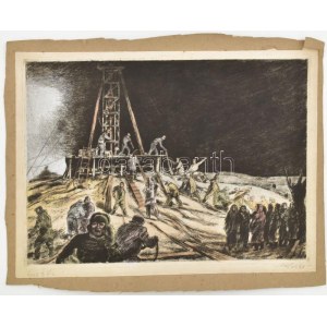 Olvashatatlan jelzéssel: Olajfúrás. Színezett rézkarc, papír, kartonra kasírozva. 26x36,5 cm