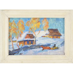 Olvashatatlan jelzéssel: Téli jelenet. Olaj, karton, fakeretben. 20×30,5 cm