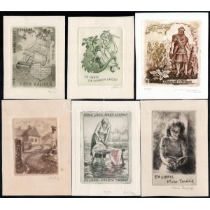 Klf. alkotók (Kékesi László, Vén Zoltán stb.): 10 db ex libris és kisgrafika. Klf. technikák, papír, részben jelzett...
