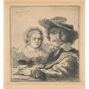 Rembrandt után: Önarckép Saskiaval. Rézkarc, papír, jelzett a karcon, 10x9,5 cm