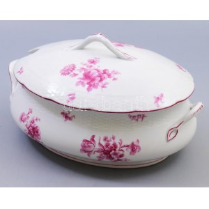 Meissen lila virágmintás leveskínáló tál, jelzett, kopással, h: 33 cm
