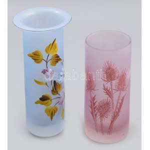 2 db üveg váza. kézzel festett, egyik hutaüveg, hibátlan 18 cm, 16 cm