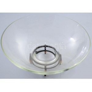 Design asztalközép kínáló, üveg tállal, jelzett, d: 21,5 cm, m: 9 cm