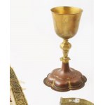 Ortodox kehely, kehelytartó, kehelyfedő tartó, kehelyfedő. cca 18. sz. vége, magyar, kehely m: 20,5 cm...