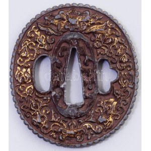 Nanban tsuba. Japán, cca 19. sz. Aranyozott fém, kopással, 6,5x6 cm, fa dobozban. /// Nanban tsuba. Japanese...