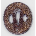 Nanban tsuba. Japán, cca 19. sz. Aranyozott fém, kopással, 6,5x6 cm, fa dobozban. /// Nanban tsuba. Japanese...
