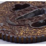 Nanban tsuba. Japán, cca 19. sz. Aranyozott fém, kopással, 6,5x6 cm, fa dobozban. /// Nanban tsuba. Japanese...
