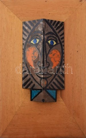 Duray Tibor (1912 - 1988): Önarckép. Tűzzománc, fémlemez, jelzés nélkül, apró felületi sérüléssel, fatáblán, 22x11 cm...