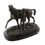 cca 1900-1920 Pierre Jules Mene (1810-1879) után: Vainqueur!!! (Győztes!!!) 1866. Patinázott bronz, márvány talapzaton...