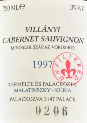 1997 Malatinszky Kúria Villányi Cabernet Sauvignon 1997, unfiltered, számozott (0206./3147). Pincében...