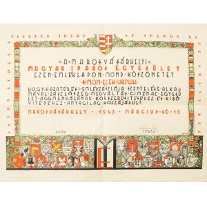 1943 Marosvásárhely, a Marosvásárhelyi Magyar Iparos Egyesület emléklapja Simon Elek csizmadia részére...
