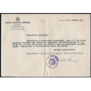 1944 Bp., Magyar Athletikai Szövetség értesítése Fekete Károly aláírással