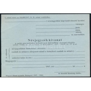 1947 A ,,kékcédulás választások kitöltetlen cédulája (Névjegyzékkivonat / Szavazási űrlap), 14...