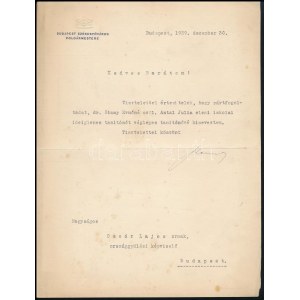 1939 Szendy Károly (1885-1953) Budapest polgármestere (1934-1944) autográf aláírása gépelt levelen, Csoór Lajos (1893...