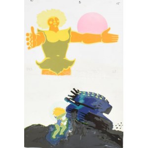 1981 Jankovics Marcell: Fehérlófia c. rajzfilmből származó két eredeti kézzel rajzolt figura. Vegyes technika...